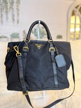 Prada Black Nylon Tote with Gold Accents